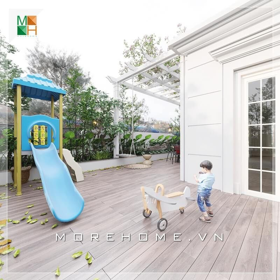 Mẫu thiết kế sân chơi dành cho biệt thự rộng rãi hiện đại dành cho những hoạt động ngoài trời của con trẻ.